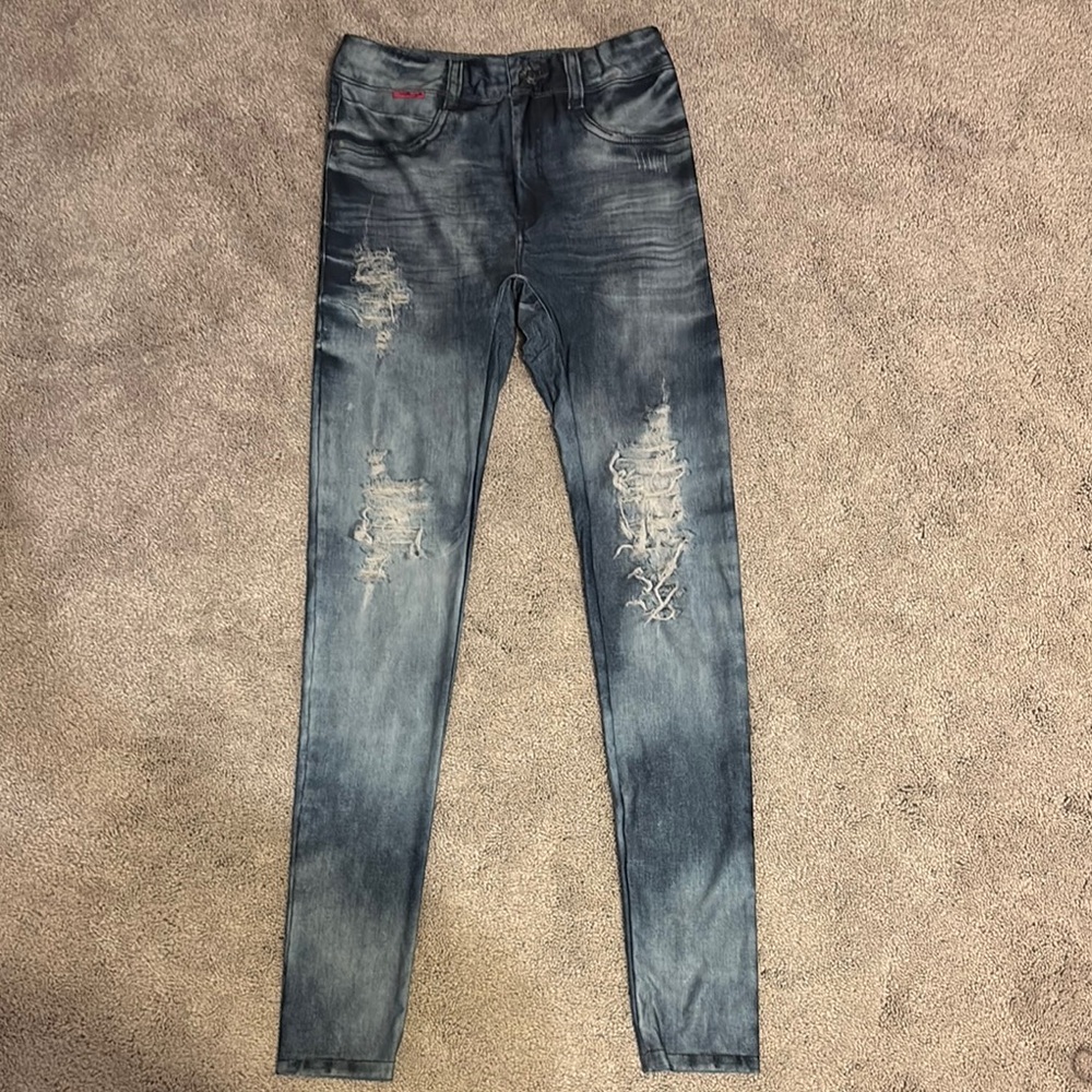 Blue Stretchy Leggings with Distressed Detailing